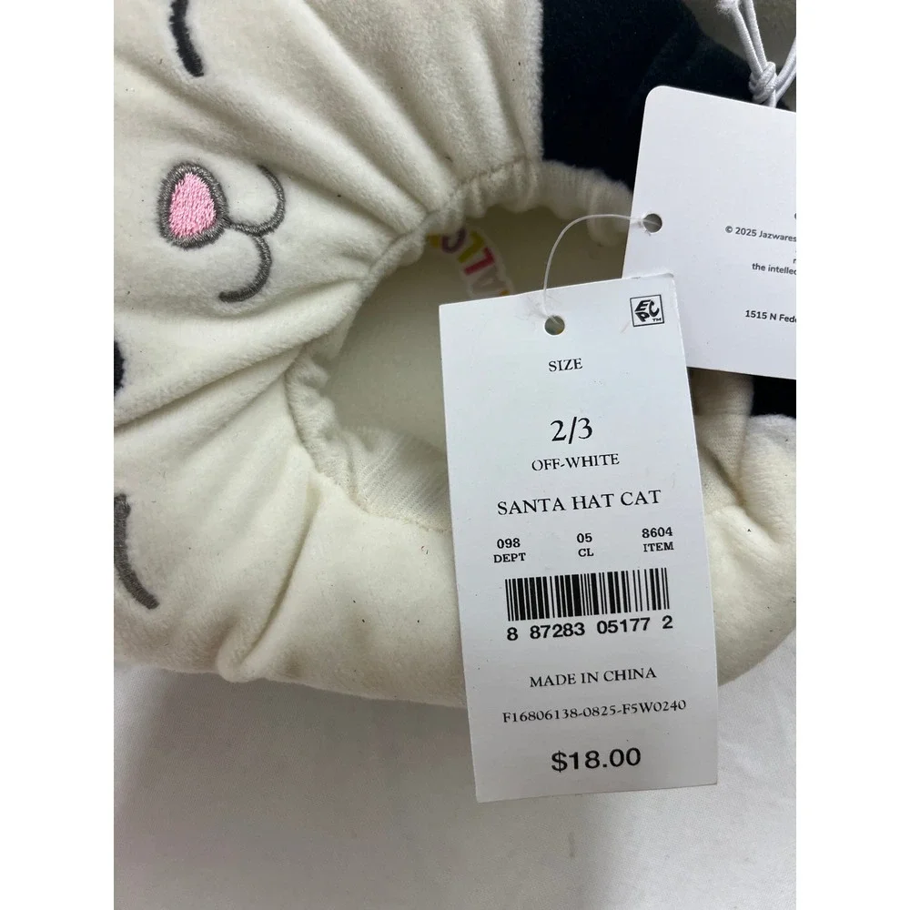 Squishmallows Santa Hat Cat Plush Slippers Kids Size 2/3 Off-White Black Holiday